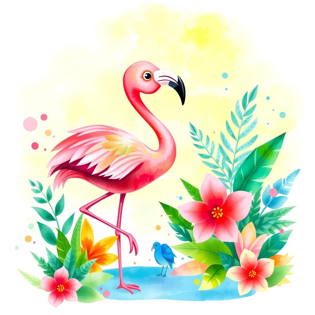 A whimsical cartoon flamingo depicted in vibrant watercolour style