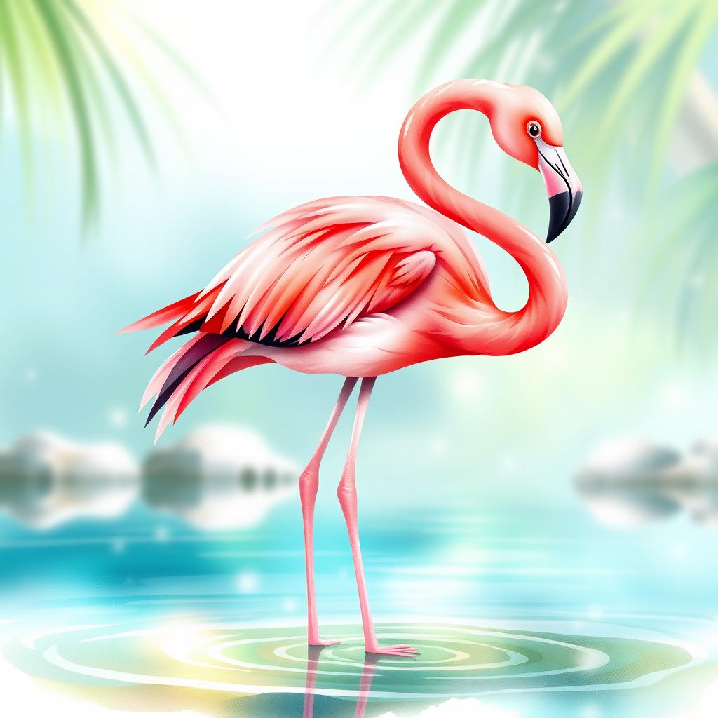 A vibrant and whimsical animated flamingo, represented in a watercolor style
