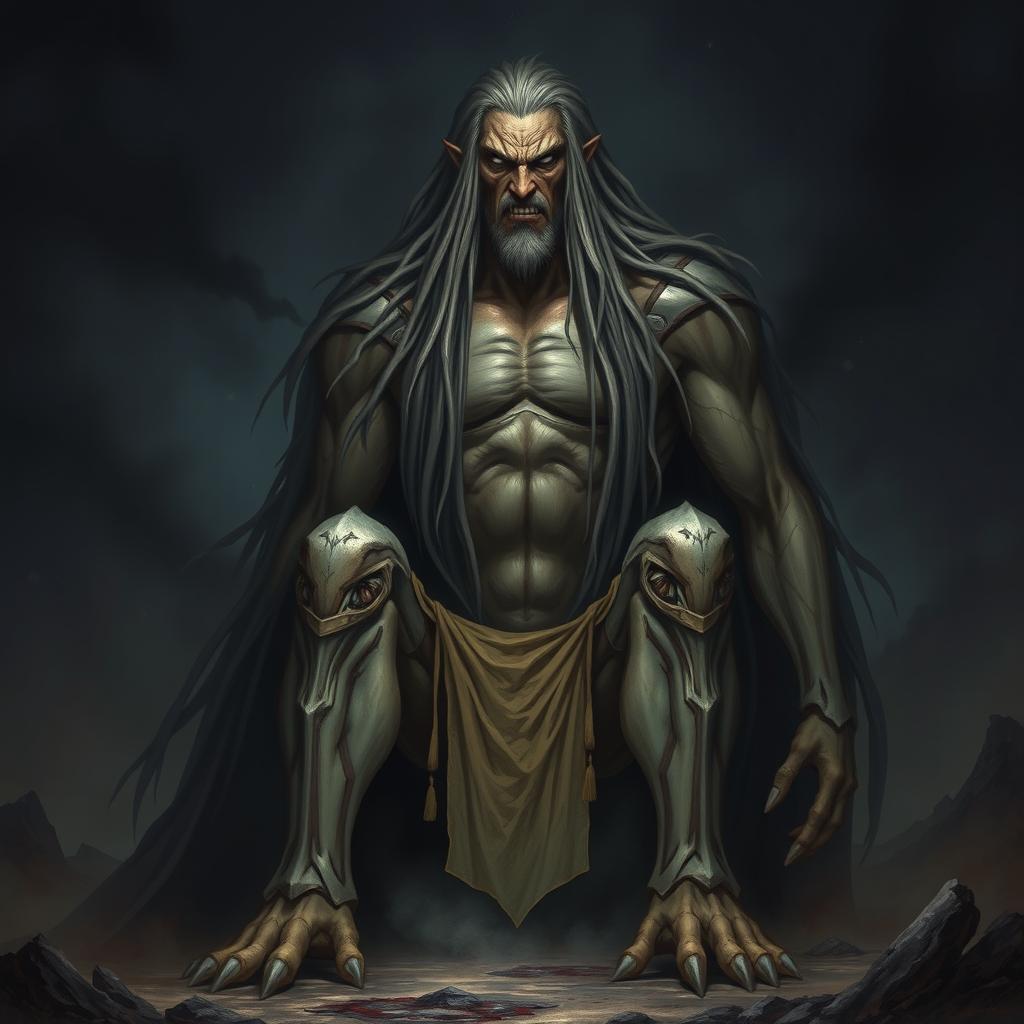 A tall Titan with long hair, sitting with a fierce and menacing expression, showcasing a terrifying demeanor