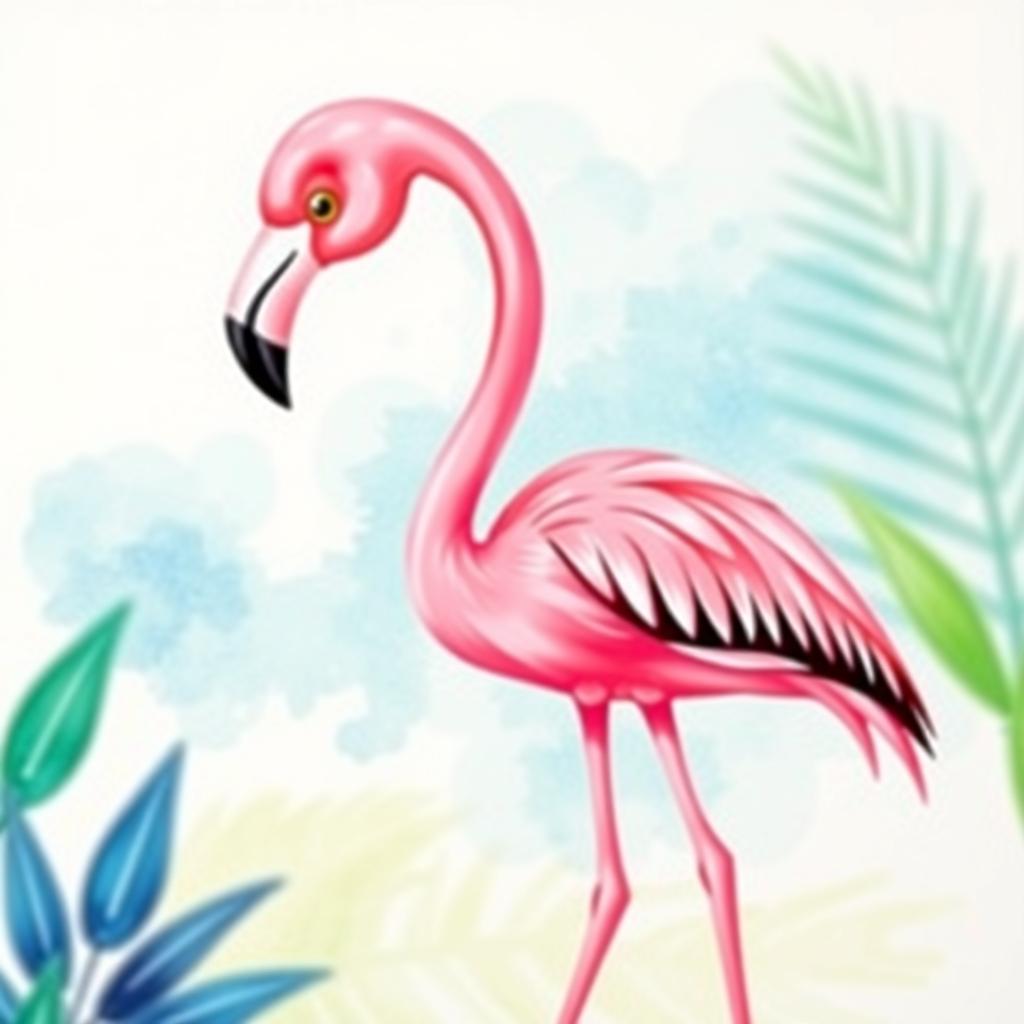 A vibrant cartoon-style flamingo depicted in a beautiful watercolour painting