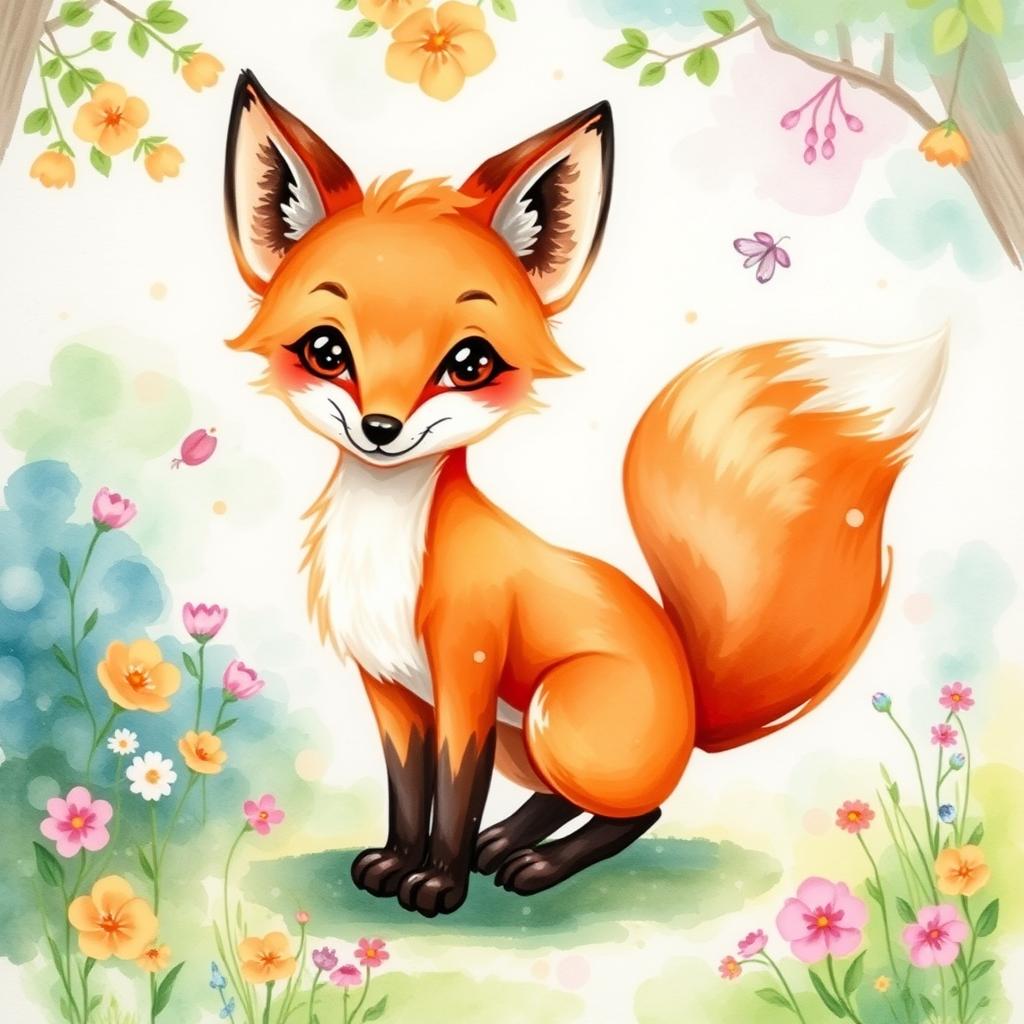 A whimsical cartoon fox painted in vibrant watercolors, showcasing a blend of rich oranges, browns, and whites