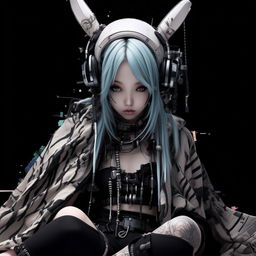 A glitch aesthetic, black & white anime girl featuring significantly large ears, dressed in an eclectic mix of sandalpunk, party kei, and royalcore fashion, in a dramatically slumped or draped pose.