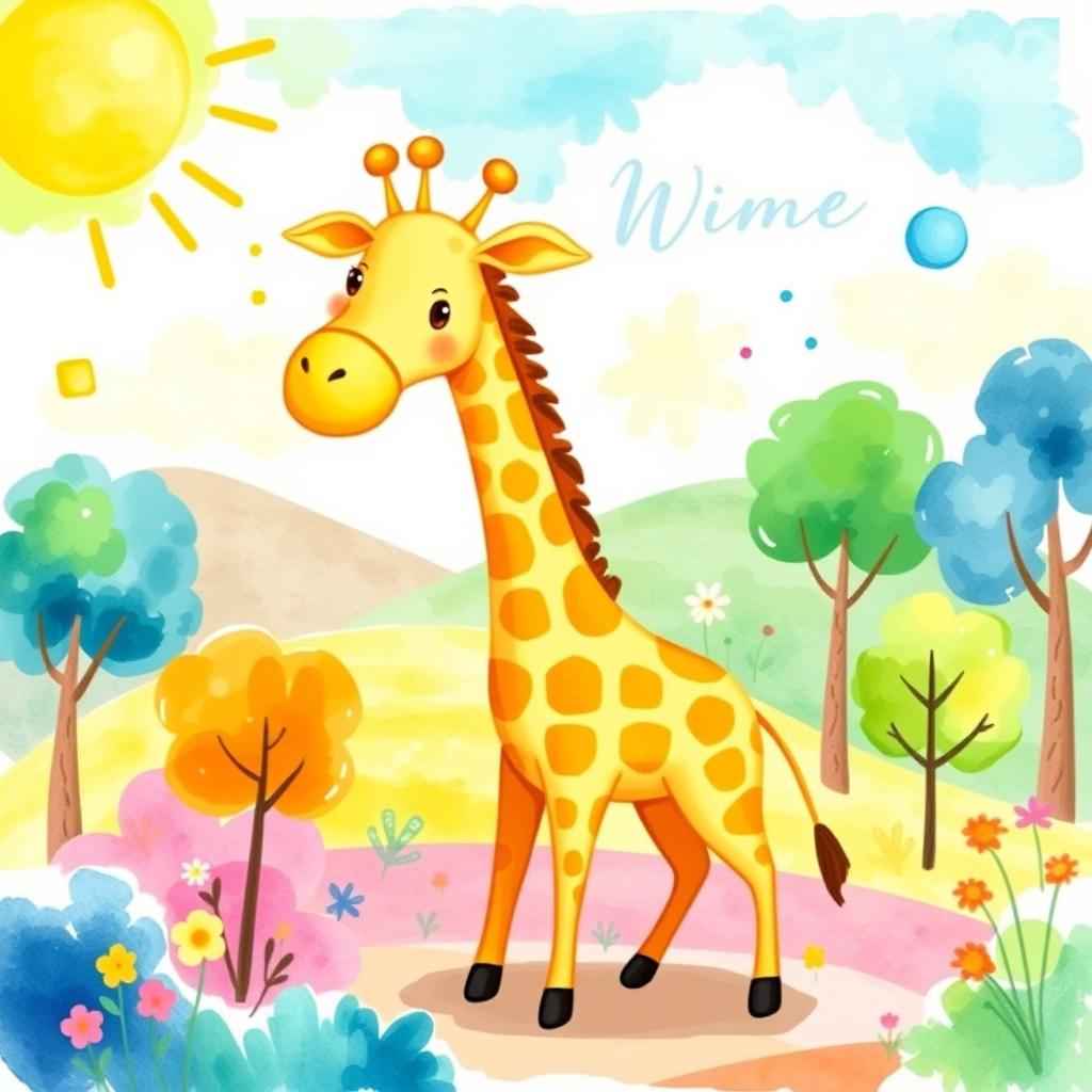A whimsical cartoon giraffe, portrayed in a vibrant watercolor style, featuring bright yellow spots and a long neck