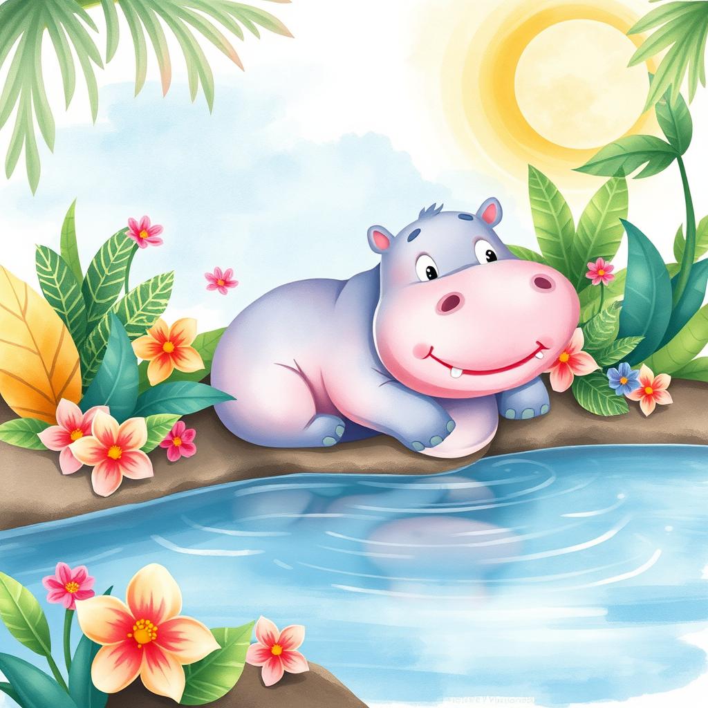 A whimsical cartoon hippo, illustrated in a vibrant watercolor style, showcasing soft pastel colors like pinks, blues, and greens, with playful expressions and a friendly demeanor