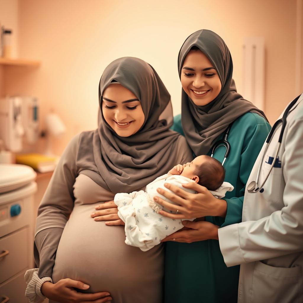 A heartwarming scene showcasing a pregnant mother wearing a hijab, smiling gently while standing beside a hijab-clad midwife and doctor