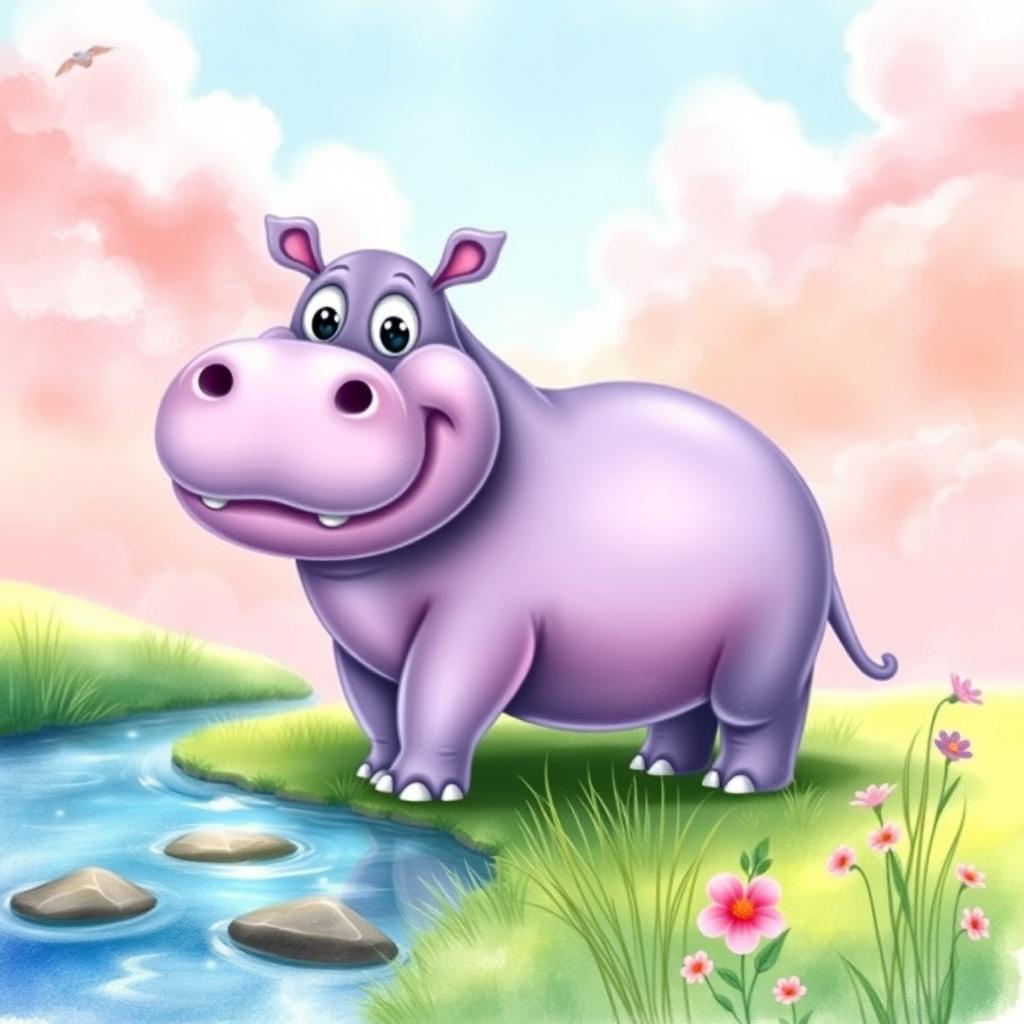 A whimsical cartoon hippo standing in a serene watercolour landscape