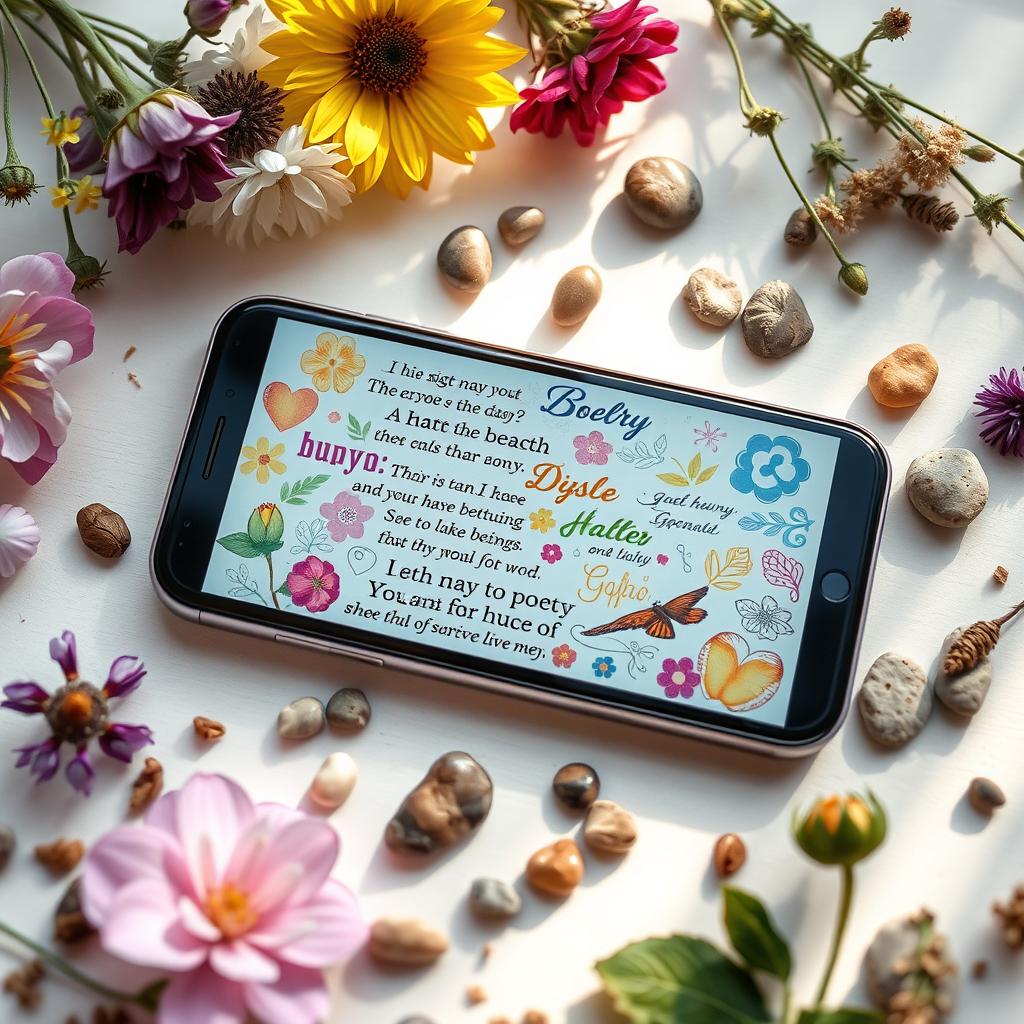A beautifully arranged flat lay of a smartphone displaying a collection of colorful poetry verses and artistic typography, surrounded by an assortment of nature-inspired elements like flowers, leaves, and small stones