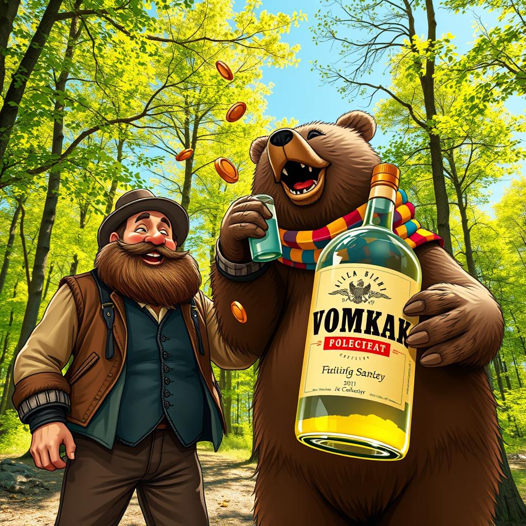 A playful and charming scene depicting a cash collector, a rugged man with a bushy beard, dressed in vintage attire, standing next to a large, friendly bear holding a huge bottle of vodka