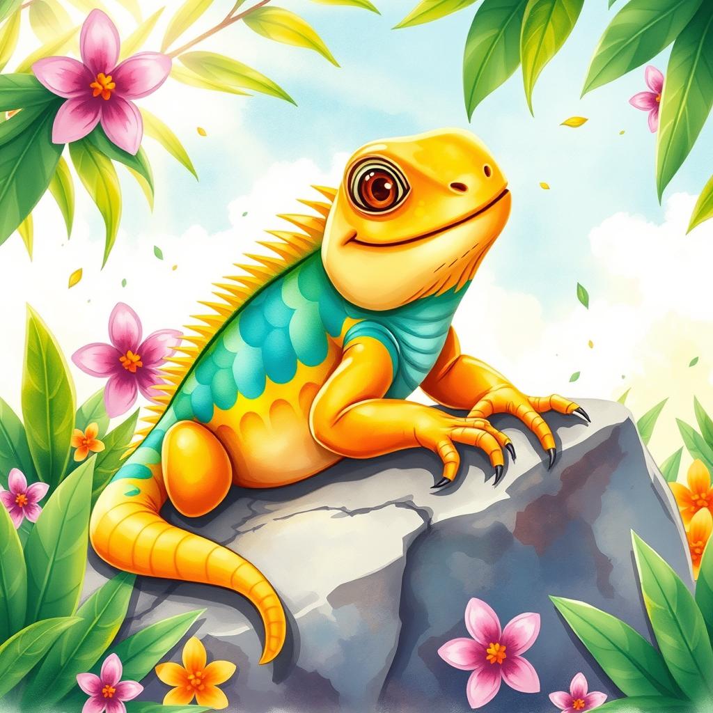 A vibrant and whimsical cartoon-style iguana with bright, colorful scales, illustrated in a watercolor technique