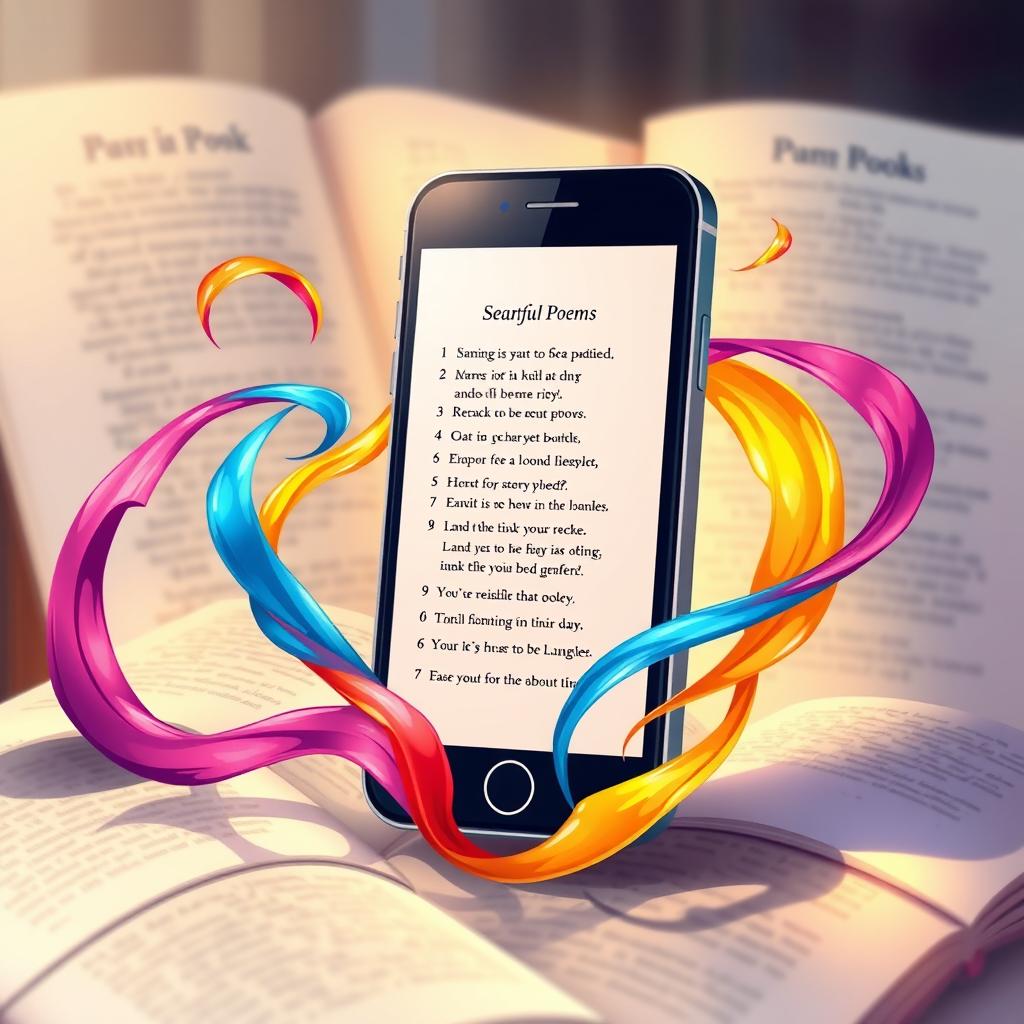 A vibrant digital illustration of a smartphone displaying beautiful poems on its screen