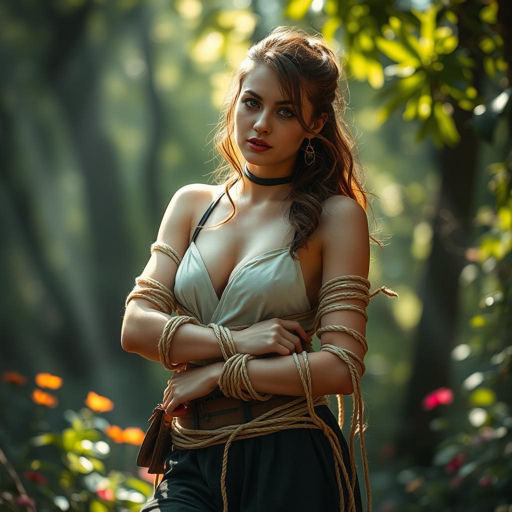 A fantasy scene featuring a young woman in a stylish outfit, tied up artistically with ropes in a dramatic and visually captivating way