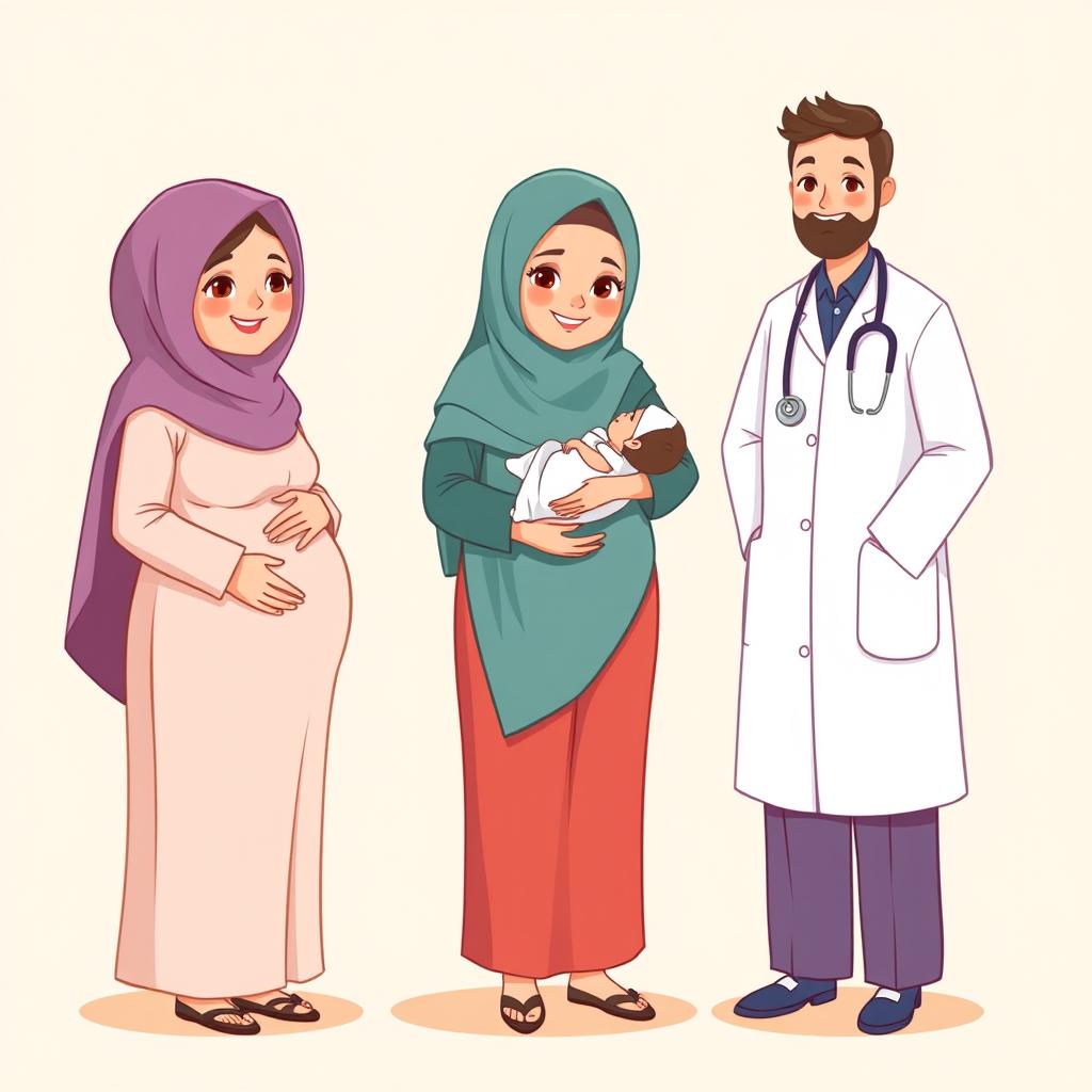 A cartoon-style poster depicting a pregnant mother wearing hijab standing with a midwife and a doctor, both also in hijab