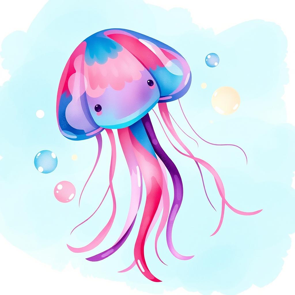 A whimsical and colorful cartoon jellyfish, illustrated in a vibrant watercolor style