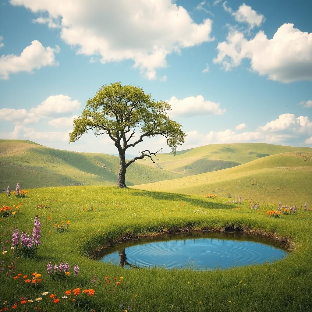 A poetic landscape scene depicting a serene and disconnected environment, where the tranquility of nature prevails