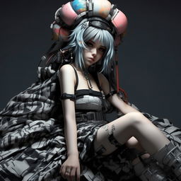 A glitch aesthetic, black & white anime girl featuring significantly large ears, dressed in an eclectic mix of sandalpunk, party kei, and royalcore fashion, in a dramatically slumped or draped pose.