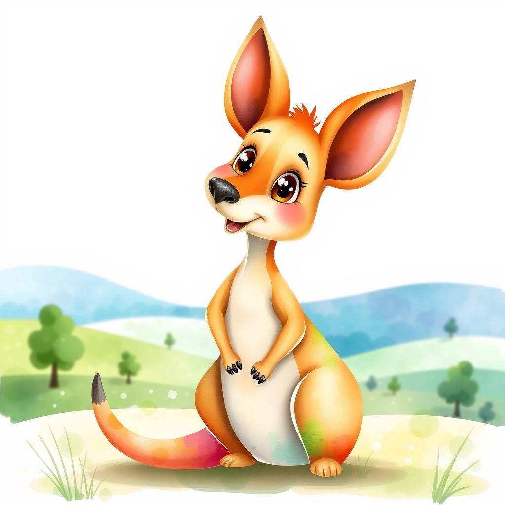 A vibrant and whimsical cartoon kangaroo painted in a delightful watercolour style