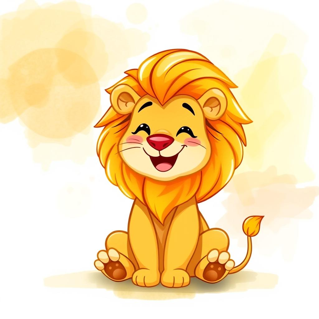 A joyful cartoon lion, with a bright, golden mane and a friendly expression, set against a softly blended watercolor background featuring warm hues of orange, yellow, and hints of green