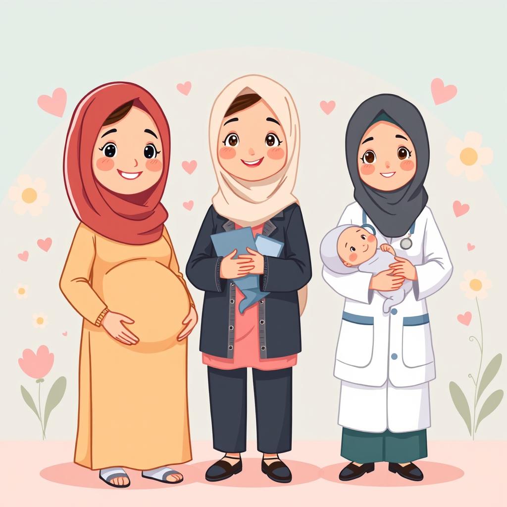 A cheerful cartoon-style poster depicting a hijab-wearing pregnant woman standing with a smile, alongside a hijab-wearing nurse holding a baby in her arms, and a hijab-wearing female doctor beside them