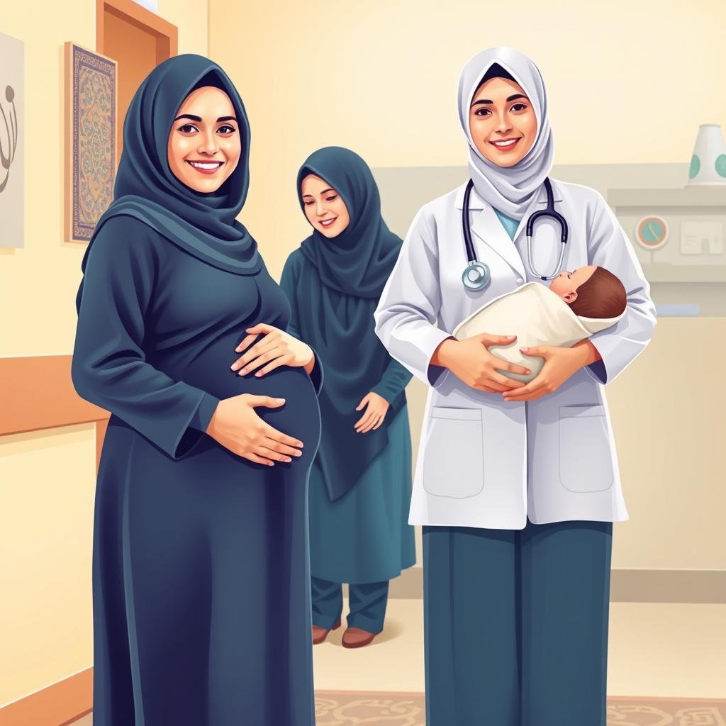 A vibrant poster design featuring a modestly dressed pregnant woman in a hijab, standing elegantly with a warm smile