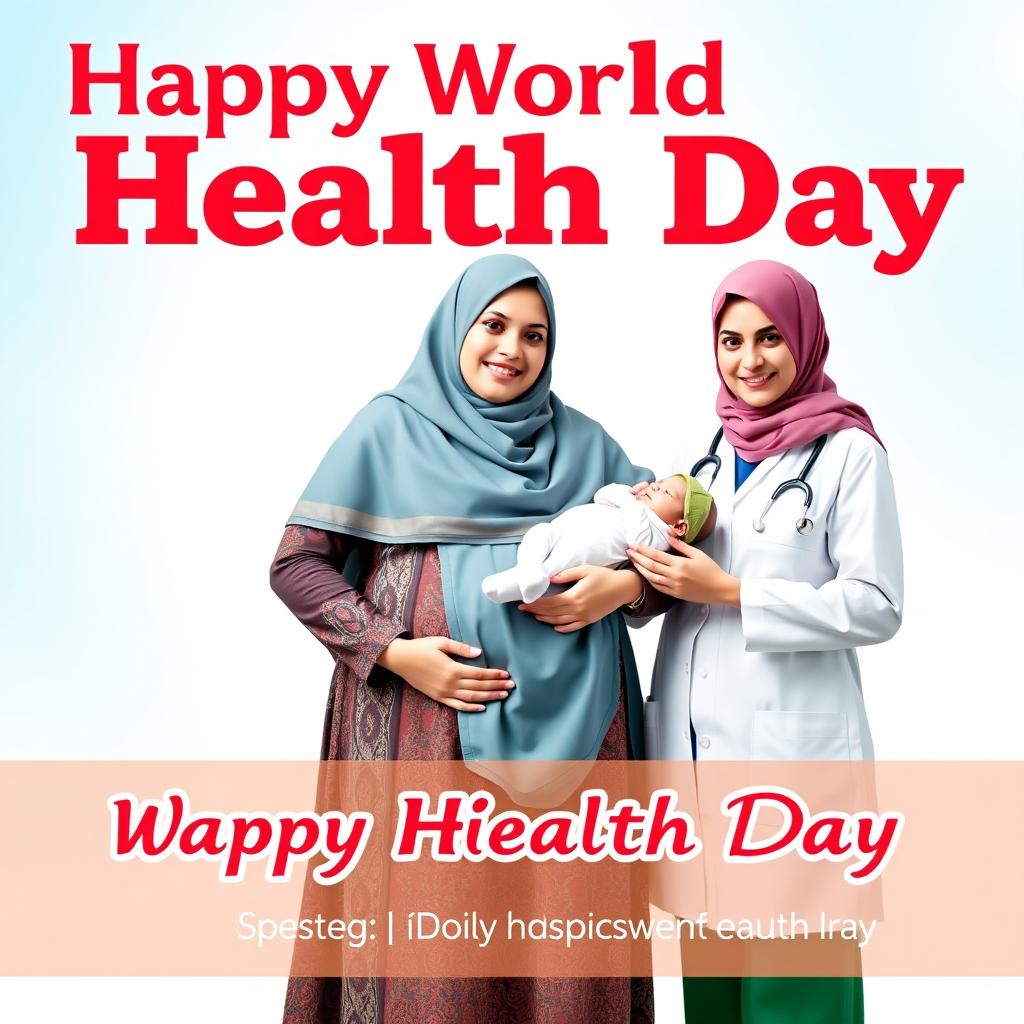 A vibrant poster celebrating World Health Day, featuring a pregnant woman wearing a hijab standing proudly with a skilled female midwife and female doctor, both also wearing hijabs