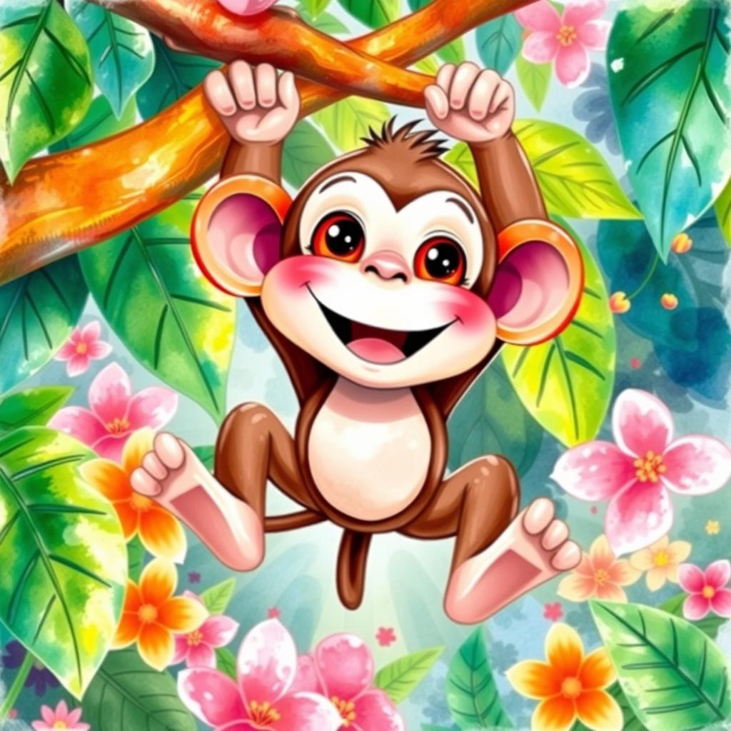 A whimsical cartoon monkey painted in a vibrant watercolour style, featuring a playful expression and large, sparkling eyes