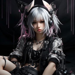 A glitch aesthetic, black & white anime girl featuring significantly large ears, dressed in an eclectic mix of sandalpunk, party kei, and royalcore fashion, in a dramatically slumped or draped pose.