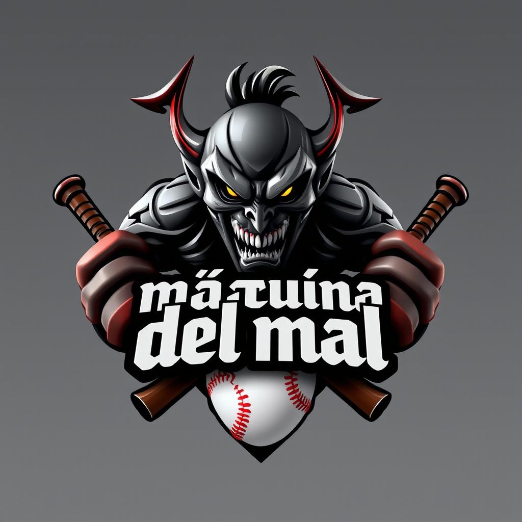 A highly realistic 3D logo for a softball team named "máquina del mal"