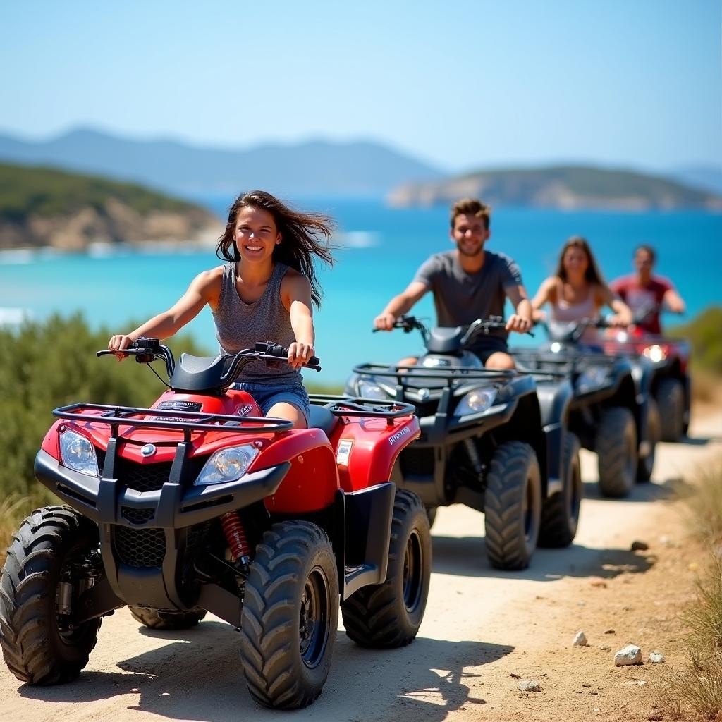A thrilling quad tour around the beautiful Blue Lagoon in Cyprus, featuring four quads driving in a line