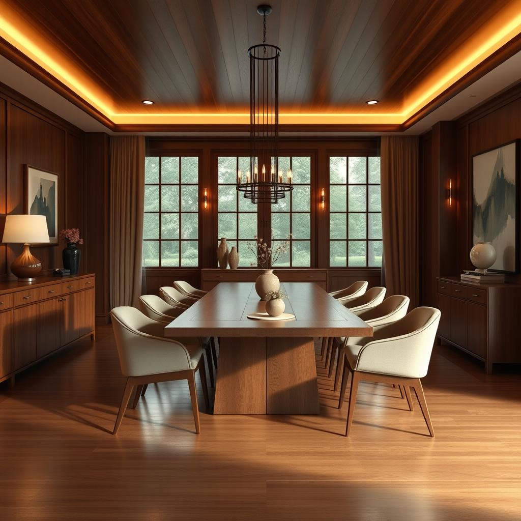 A modern yet elegant dining room inspired by classic design, featuring rich wooden tones