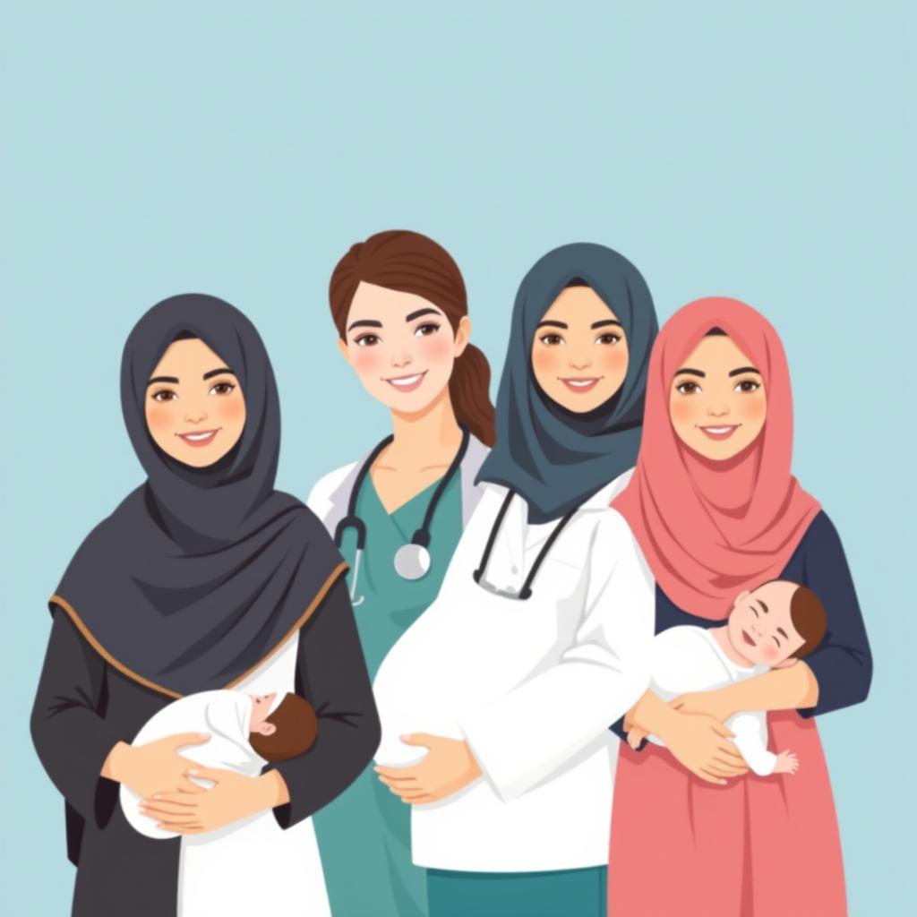 A poster featuring a diverse group of women in a single row: a hijab-wearing midwife holding a newborn, a female doctor in professional attire, a pregnant woman in hijab, and a mother in hijab holding her baby