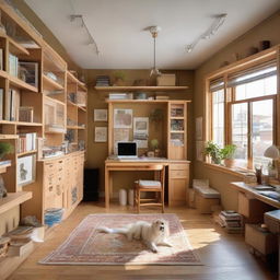 A multifunctional room working as both an art studio and an office. It has three walls embellished with windows, and the fourth, north-facing wall contains a door and closet. The room also features a wooden dog crate and a bookcase.