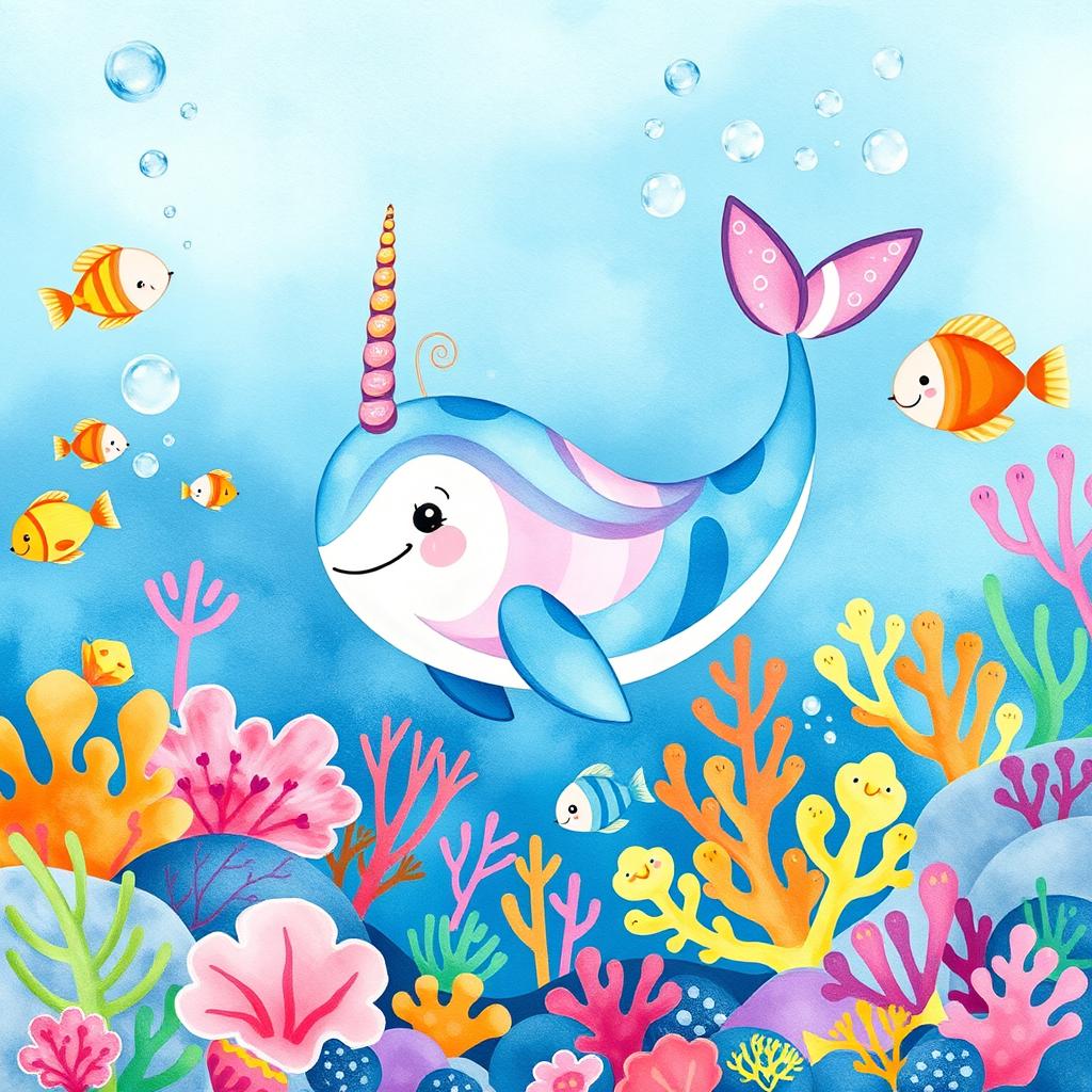 A whimsical cartoon narwhal swimming gracefully in a vibrant underwater scene