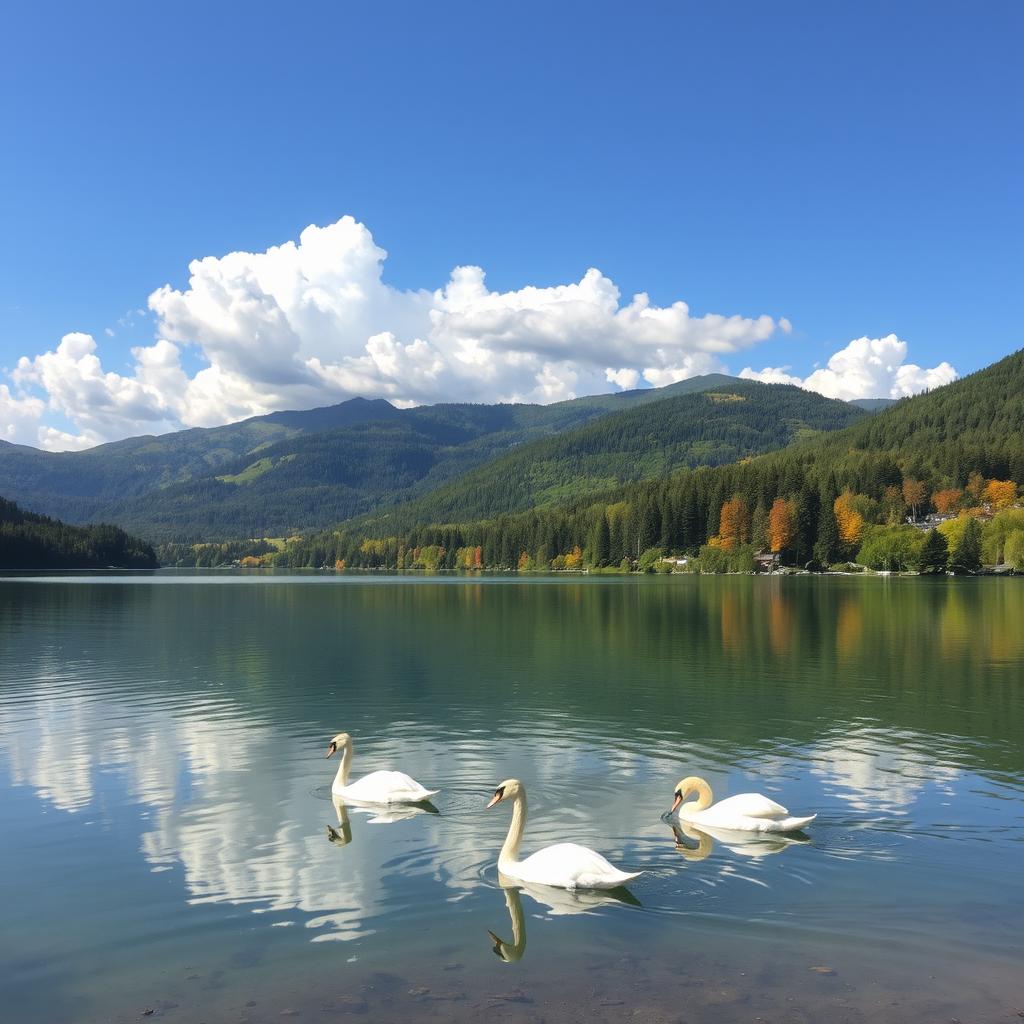 A beautiful scenic landscape featuring a tranquil lake surrounded by lush green forests and mountains under a clear blue sky