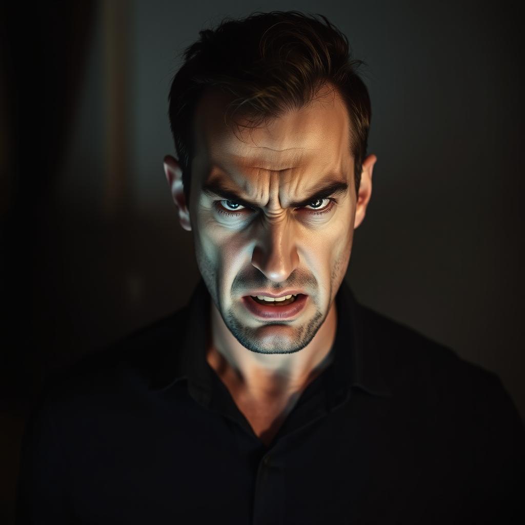 A portrayal of a man filled with envy and anger, his facial expression intense and fierce, eyes narrowed and brows furrowed in frustration