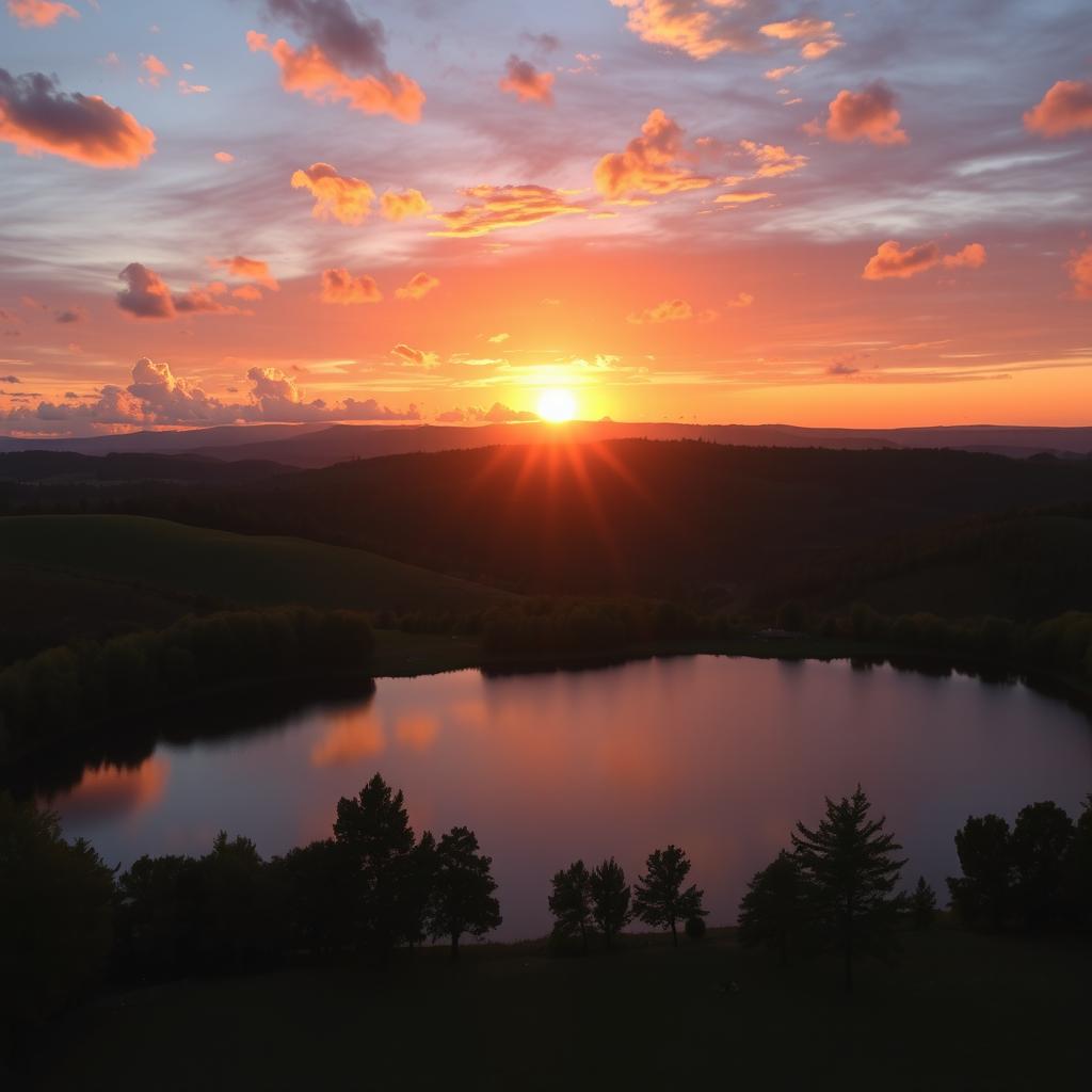 A stunning, vibrant sunrise over a serene landscape, showcasing the sun rising above rolling hills