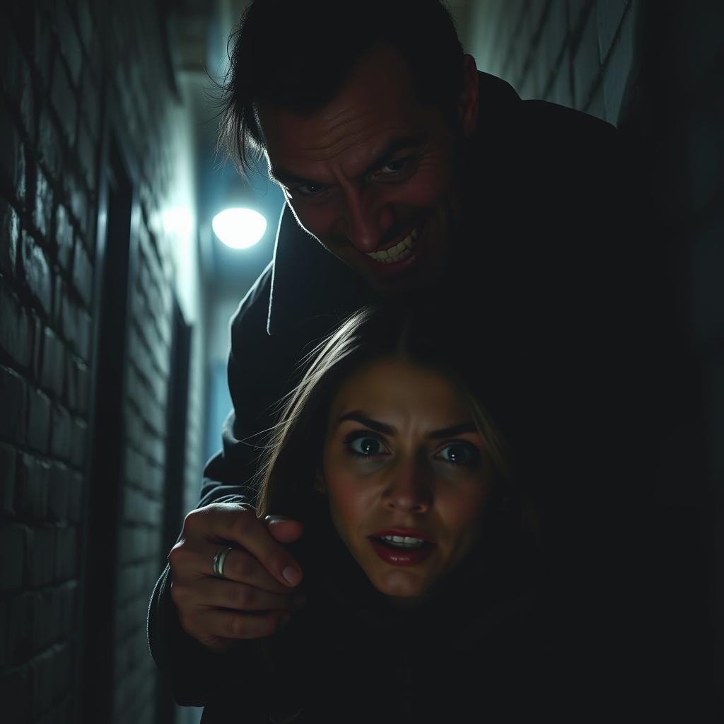 A dark and intense scene depicting a man overflowing with envy and rage, cloaked in shadows, with a sinister smile on his face as he looms over a woman