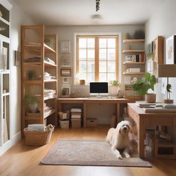 A multifunctional room working as both an art studio and an office. It has three walls embellished with windows, and the fourth, north-facing wall contains a door and closet. The room also features a wooden dog crate and a bookcase.