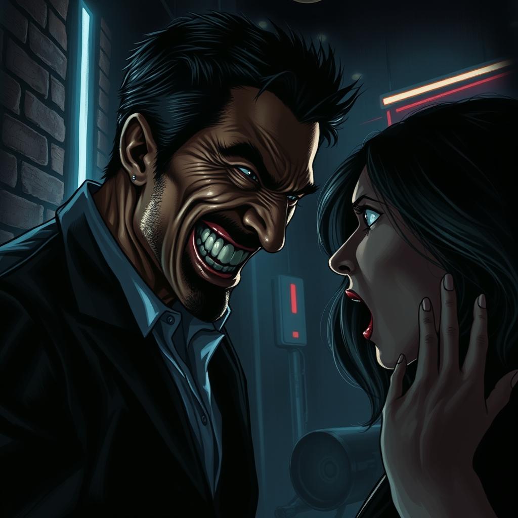 A dark and powerful scene illustrating a man consumed by envy and rage, with a twisted smile on his face, as he confronts a woman who appears both fearful and surprised