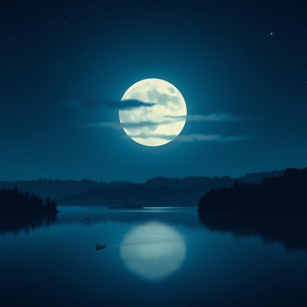 A tranquil night scene showcasing a beautiful full moon illuminating a serene landscape