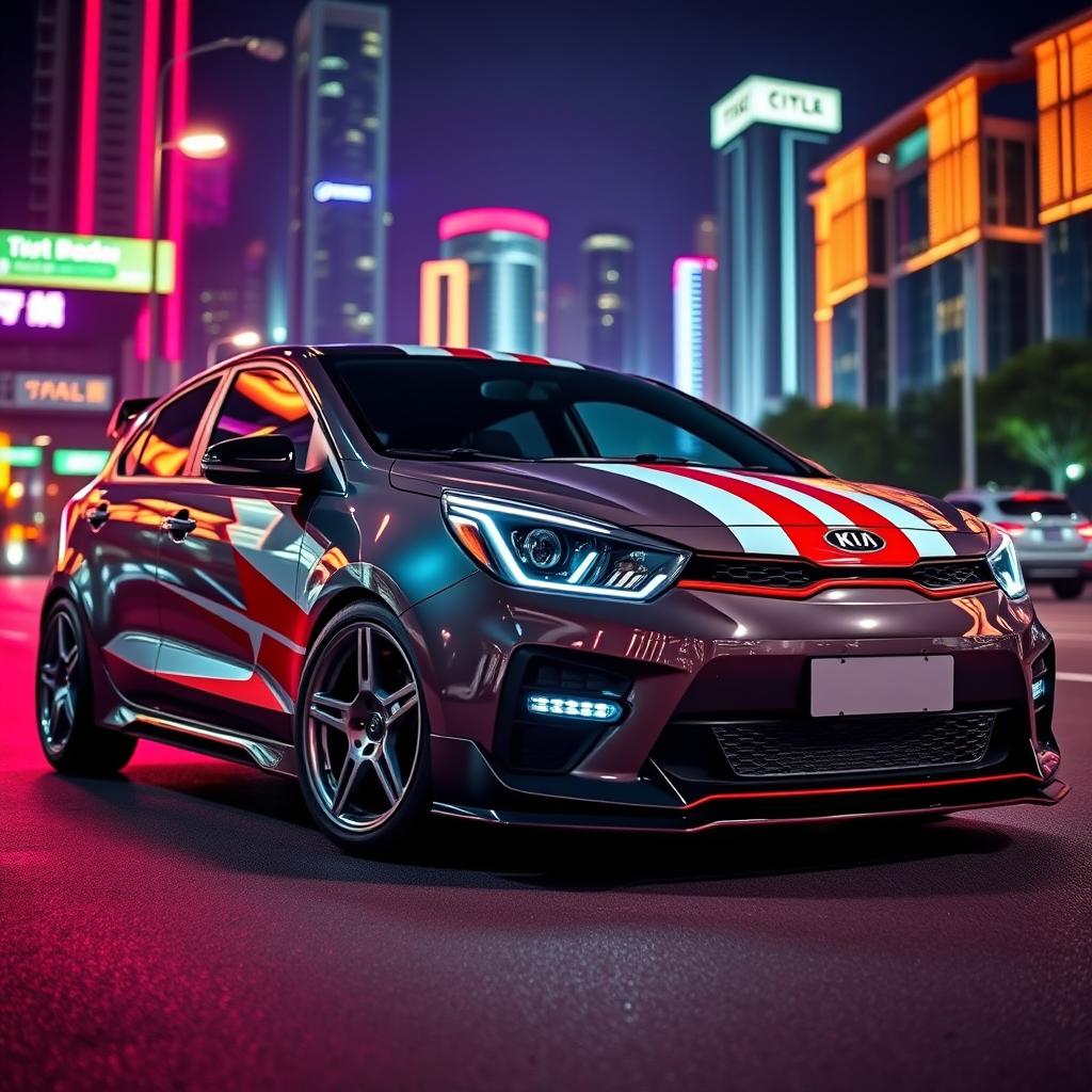 A modified Kia Rio, showcasing a sleek and sporty design with bold racing stripes, custom alloy wheels, and a lowered suspension