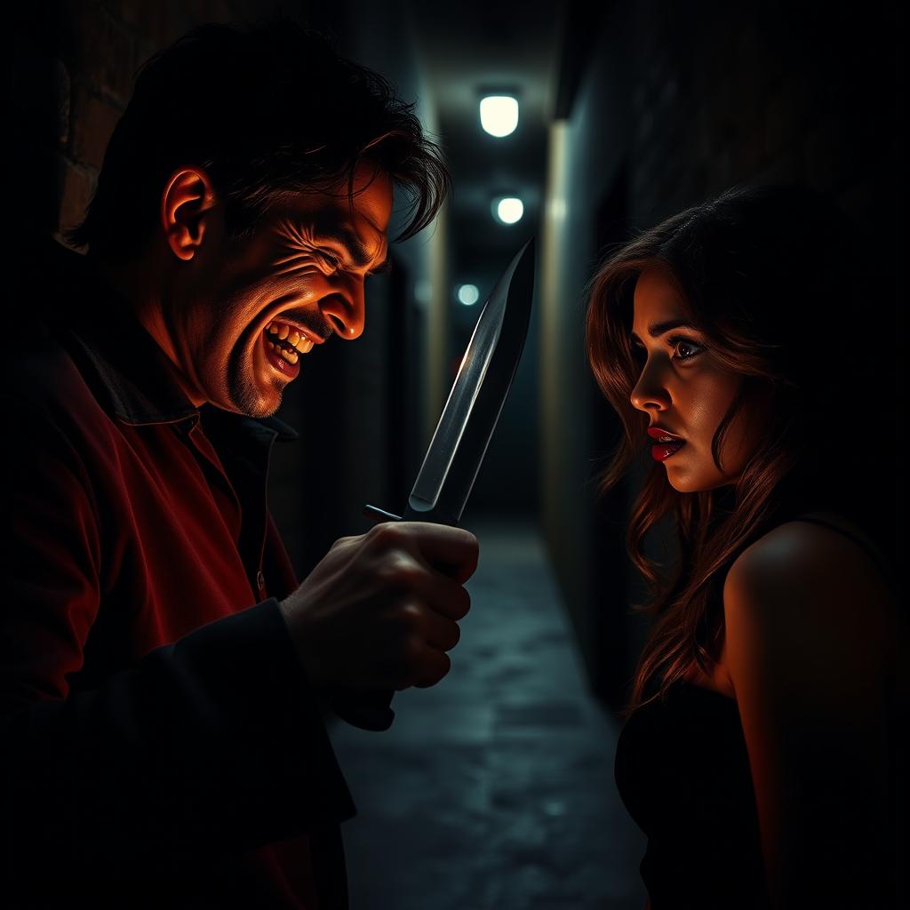 A dark, dramatic scene showing a man consumed by envy and anger, wielding a dagger with a twisted smile on his face as he confronts a woman in a moment of peril
