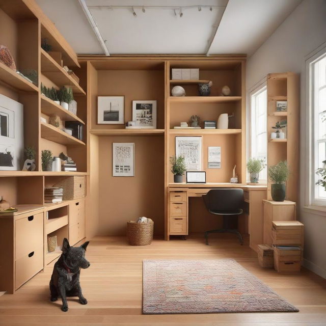 A multifunctional room working as both an art studio and an office. It has three walls embellished with windows, and the fourth, north-facing wall contains a door and closet. The room also features a wooden dog crate and a bookcase.