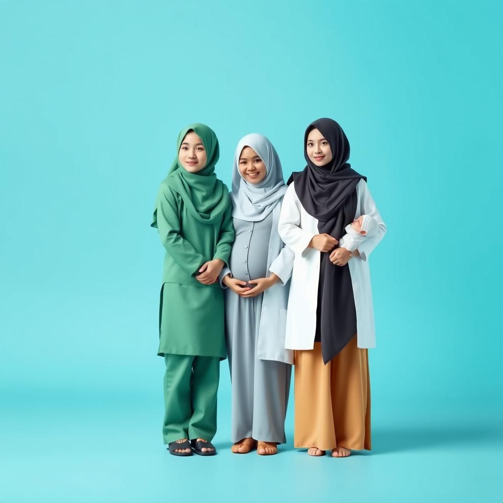 A serene sky-blue background featuring a midwife wearing a green hijab and green scrubs standing alongside a female doctor in a white hijab and white coat