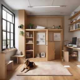 A multifunctional room working as both an art studio and an office. It has three walls embellished with windows, and the fourth, north-facing wall contains a door and closet. The room also features a wooden dog crate and a bookcase.