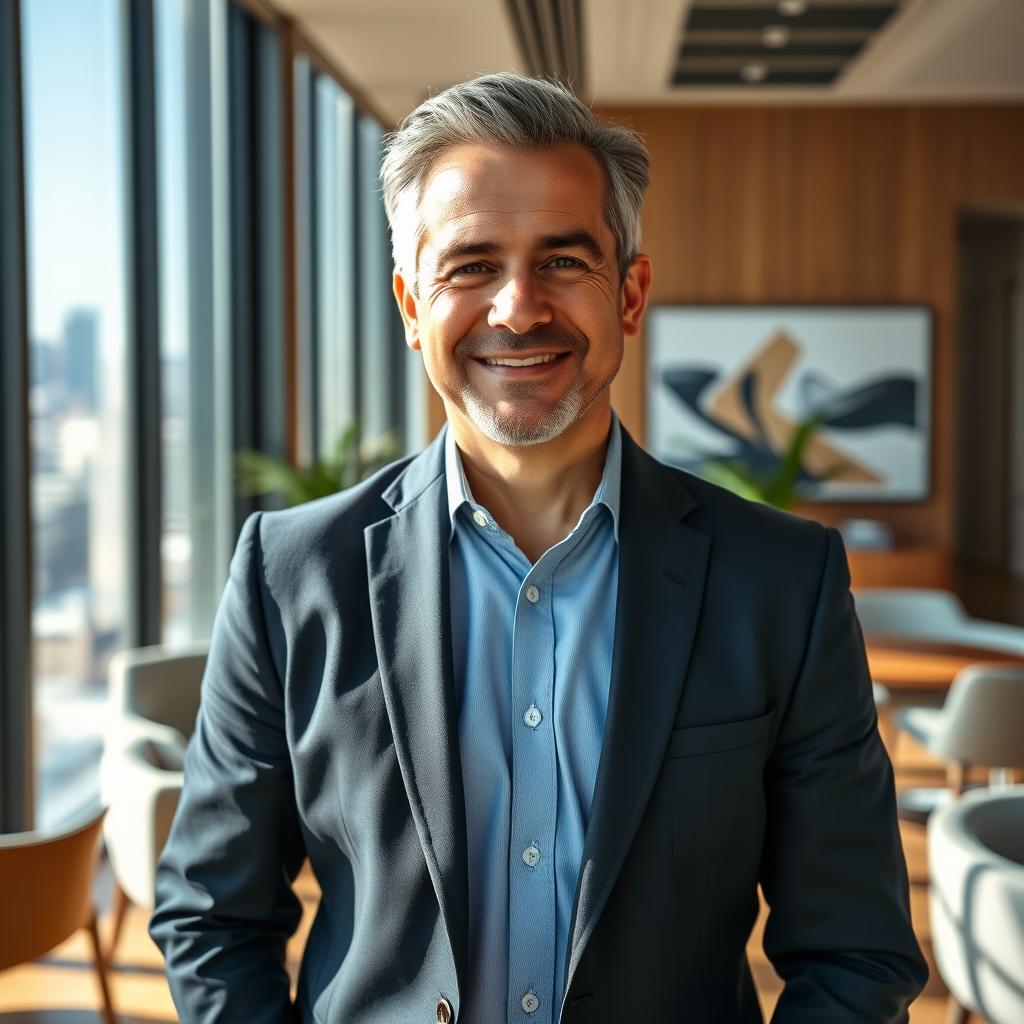A portrait of José Oliveira, a confident middle-aged man with salt and pepper hair, wearing a smart casual outfit, standing in an elegant office space filled with modern decor