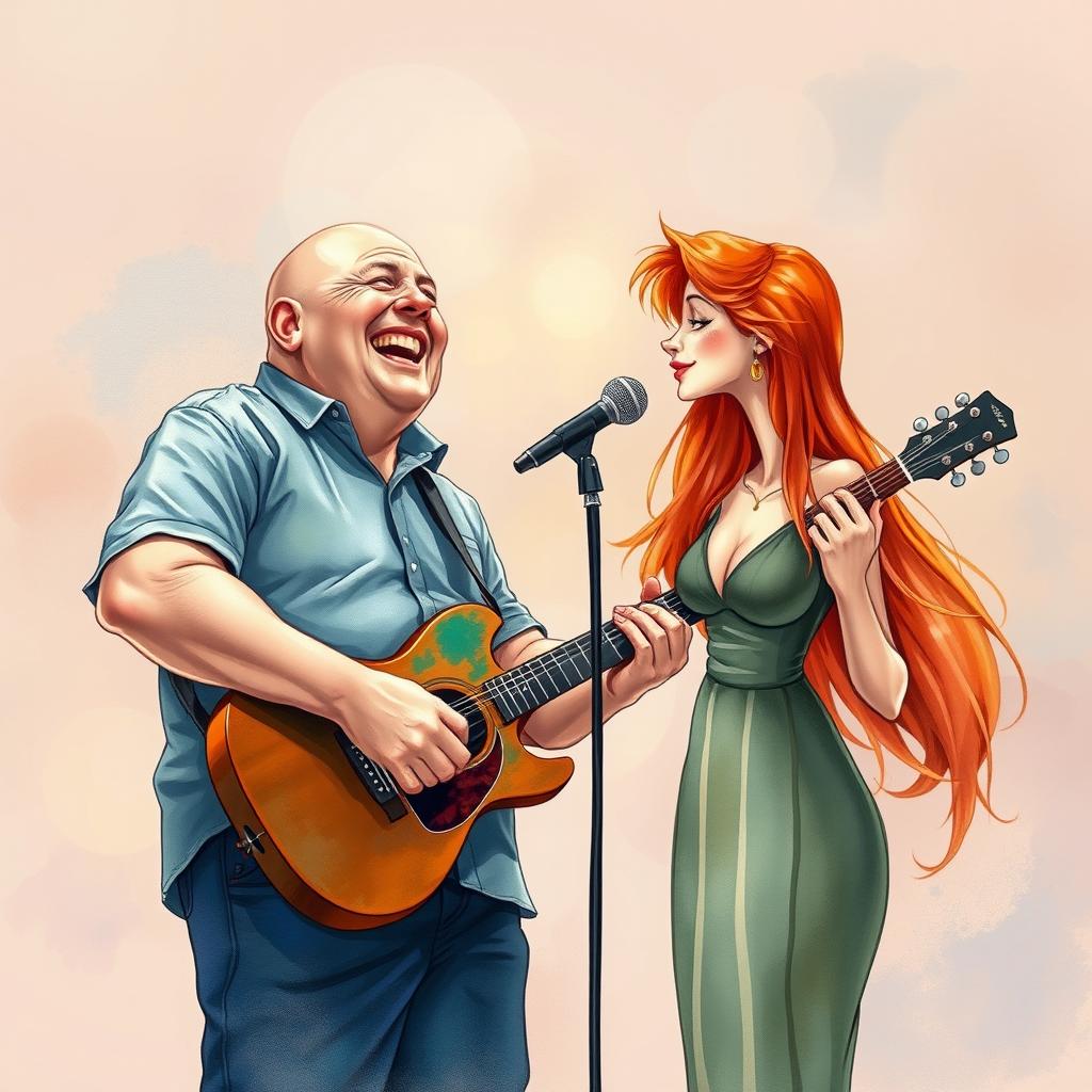 An aquarel artwork showcasing a bald, large man joyfully playing guitar
