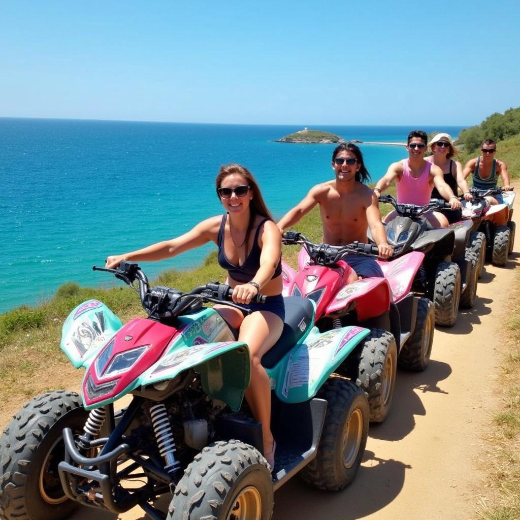 An exciting guided quad tour around the stunning Blue Lagoon in Cyprus, featuring six quads moving in a line