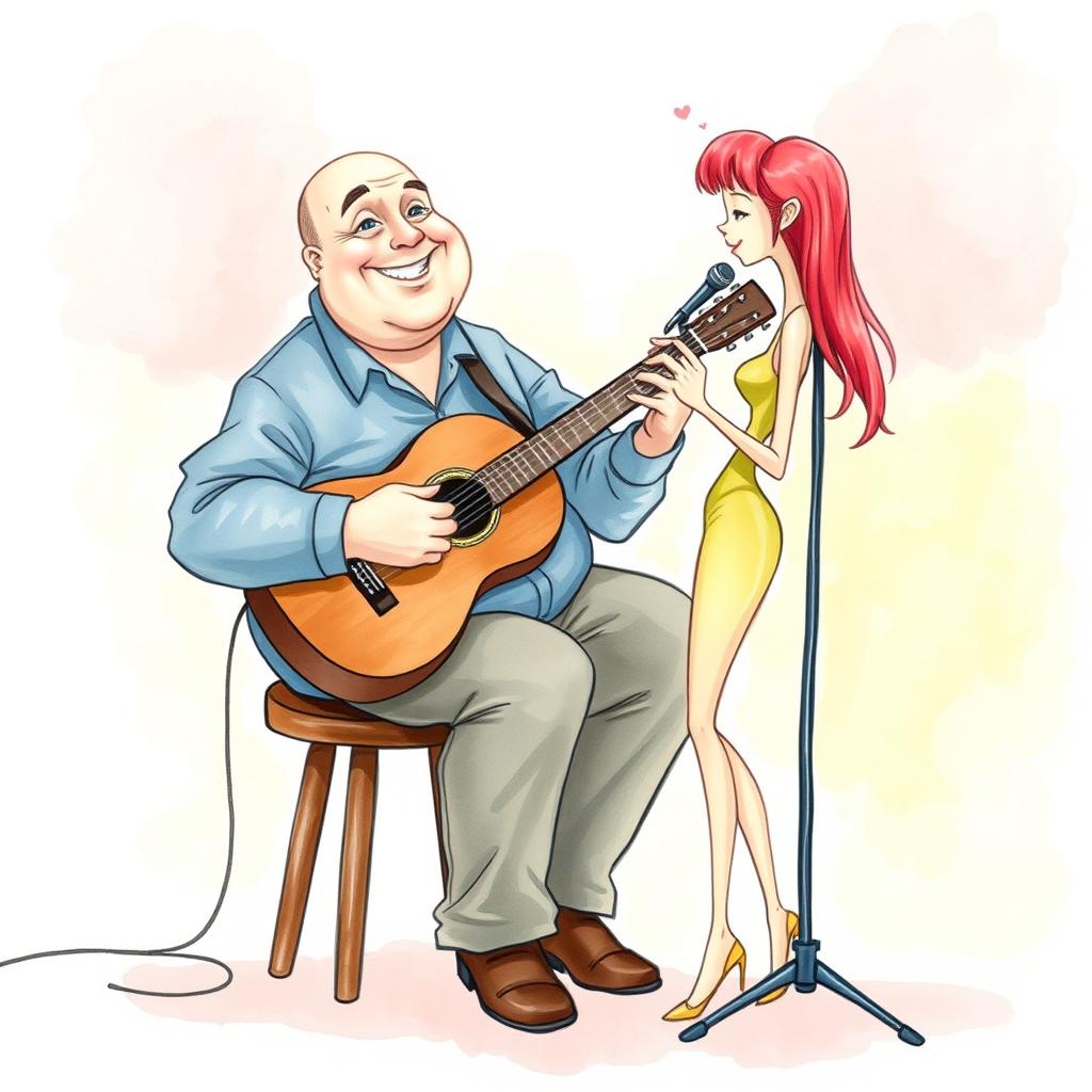 A watercolor artwork depicting a bald, large man sitting comfortably on a stool, strumming a guitar with a warm smile on his face