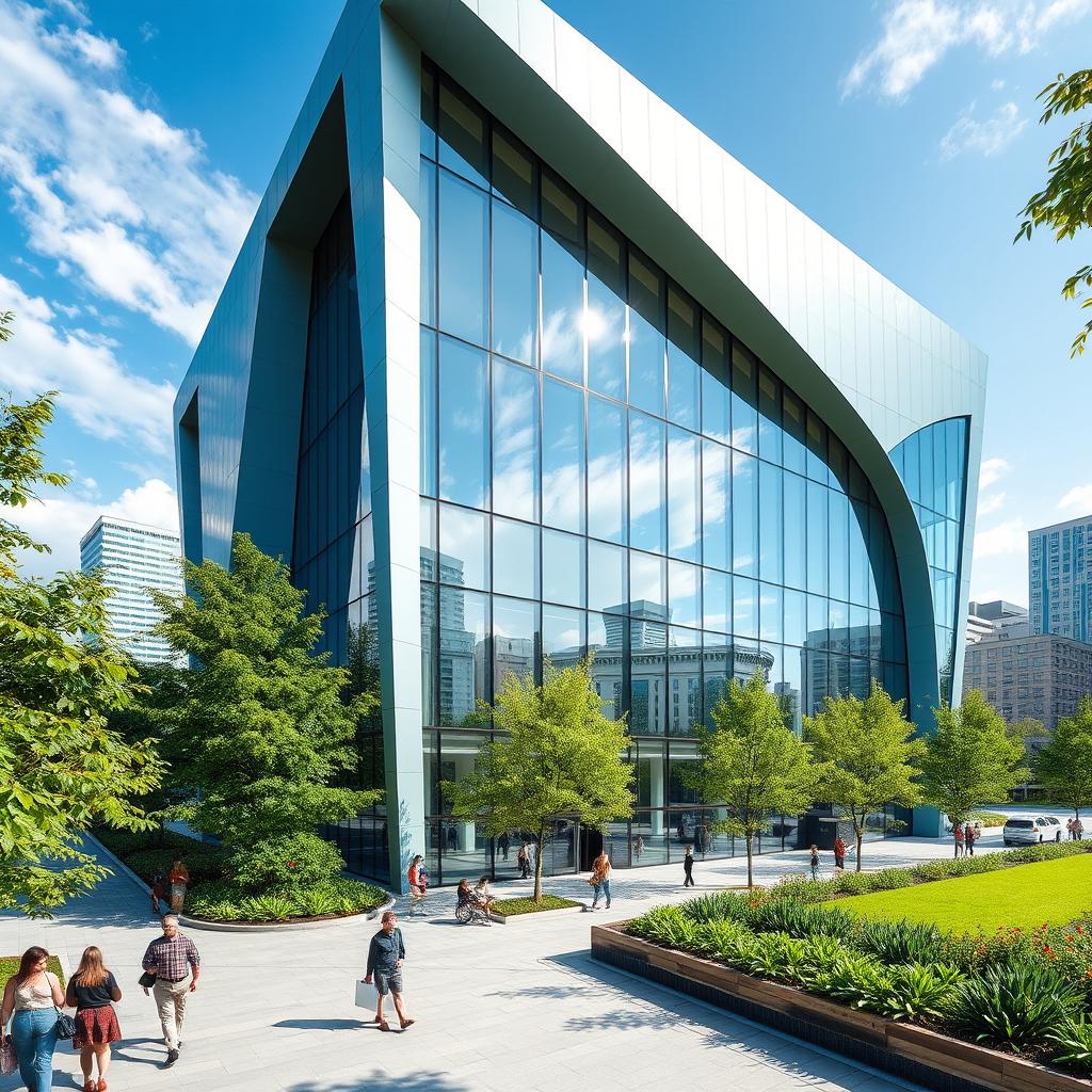 A stunning modern building with sleek glass walls and an innovative architectural design, surrounded by lush greenery, featuring geometric shapes and large open spaces