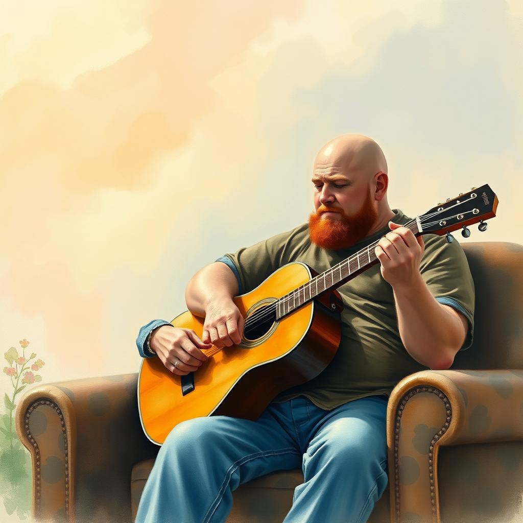 An aquarel artwork depicting a large bald man sitting comfortably while playing an acoustic guitar